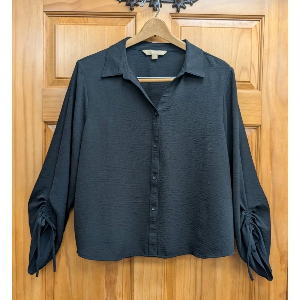 Hope & Harlow Large Black Top Button-Down Front Cinch Tie Long Sleeve Shirt